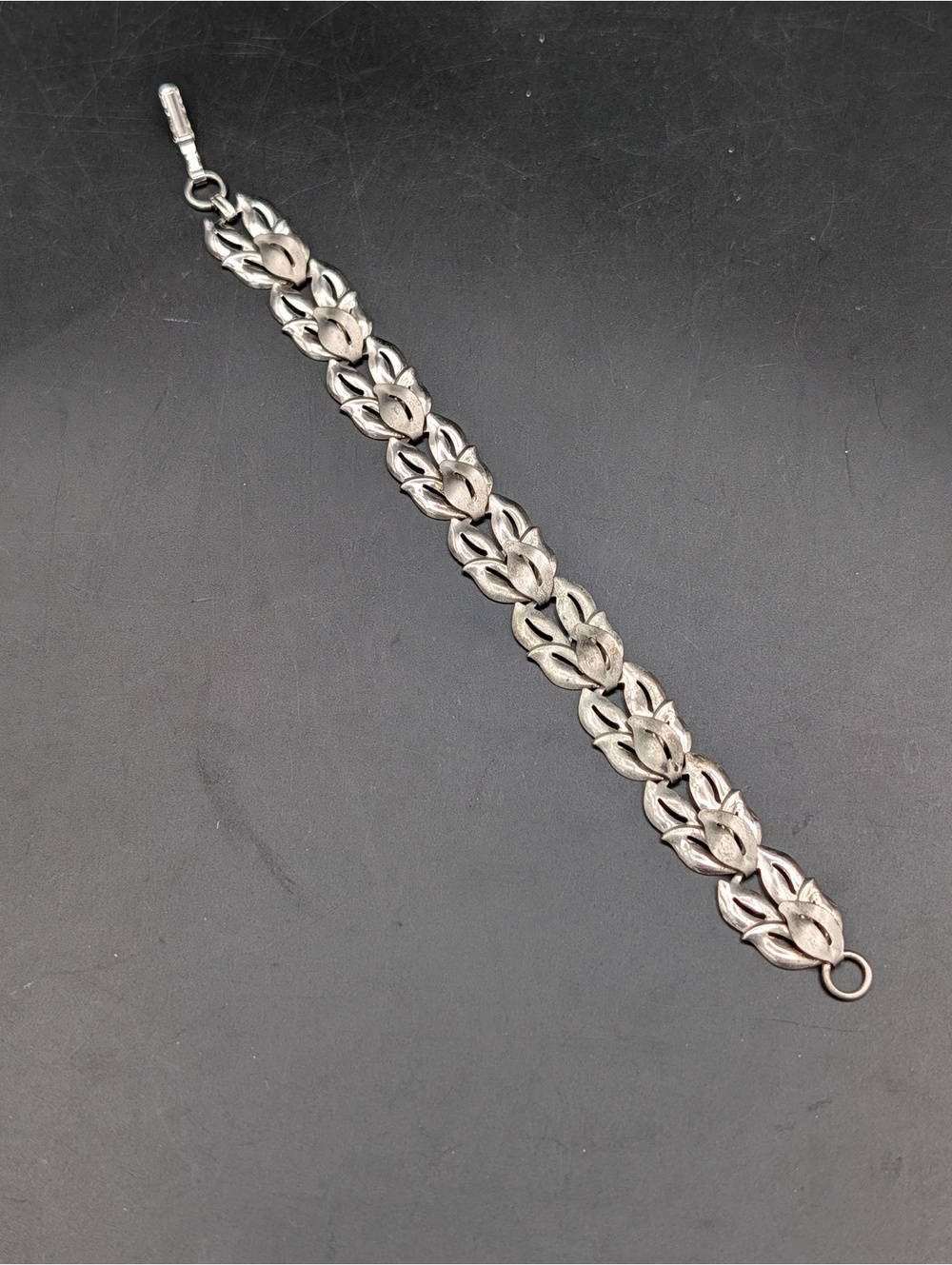 Vintage Beau Sterling Silver Leaf Link Bracelet Mid Century Modern Botanical 7"